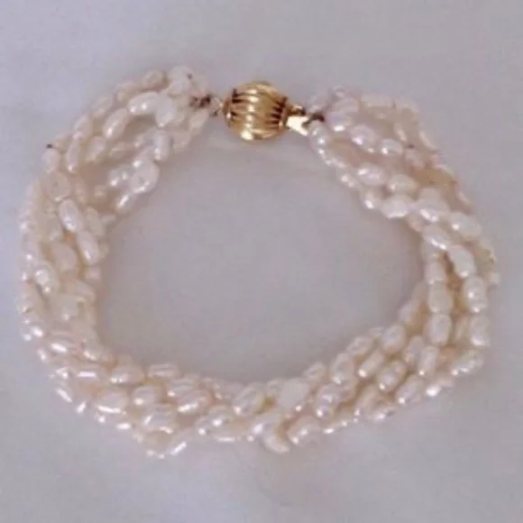 💲SALE 💲Freshwater Genuine Keshi Pearl Torsade Bracelet Goldtone Clasp - Picture 2 of 4
